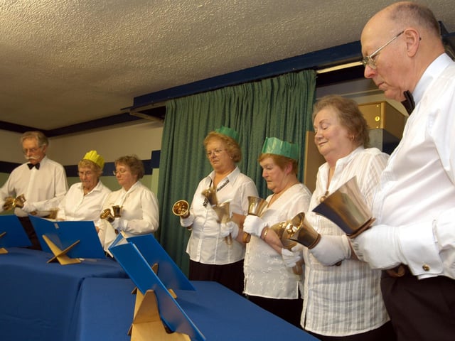 Members of The Dukeries U3A Bell Ringers entertain at the U3A party held at The Jubilee Hall Ollerton in 2007.