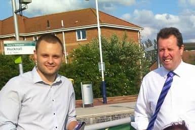 MPs Mark Spencer (right) and Ben Bradley, who is also leader of Nottinghamshire County Council and Mansfield MP, pictured at a station on the Robin Hood Line, Hucknall.