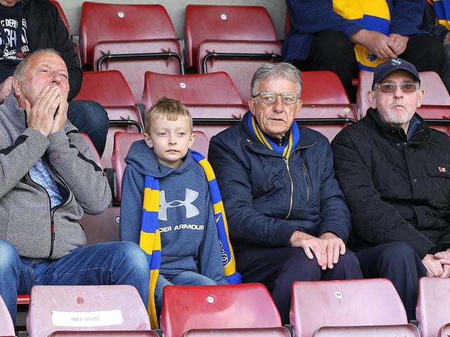 Some of the Mansfield fans who travelled to see their side draw 1-1 at Northampton on 13th April 2019.