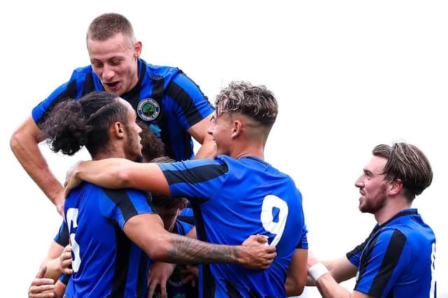 Sherwood Colliery celebrate their first goal of the season on Saturday.