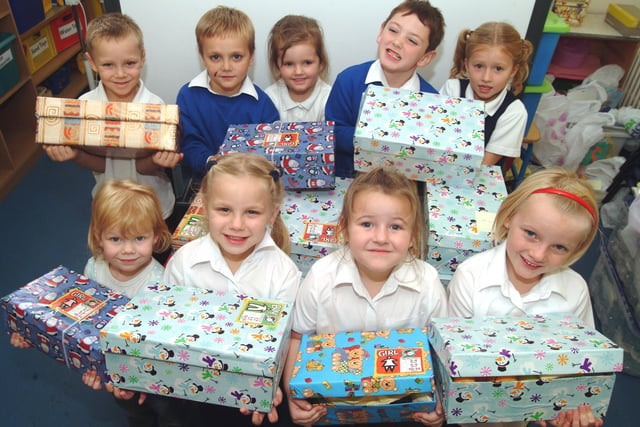 Pupils at Park Infant and Nursery School in Shirebrook put together shoe boxes for Operation Christmas Child in 2006, pictured are some of the youngsters  who took part, back row from the left; Owen Plasto 5, Declan Booth 6, Carley Adcock 5, Gareth Davies 6 and Maddie Perry 7. 
Front row from the left; Stevie-Jo Haynes 4, Charlotte Booth 5, Tiela Cruse 5 and Lucy Westby 6.