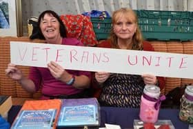 Former nurse Eileen Massey promoting the Veterans Unite group with friend Lesley Parton at a craft fair at Forest Town Arena. (PHOTO BY: Pete Waby)