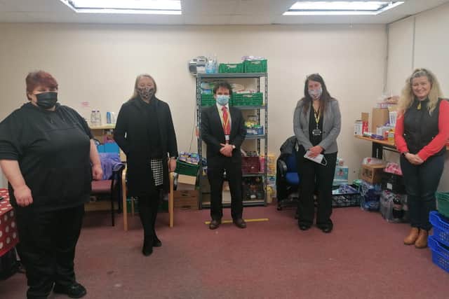 Christine, foodbank volunteer, Carol Cooper-Smith, ADC CEO, Simon Martin, Vice Principal ATTFE, Liz Barret, Principal ATTFE and Linda Smith, Let’s All Eat Manager