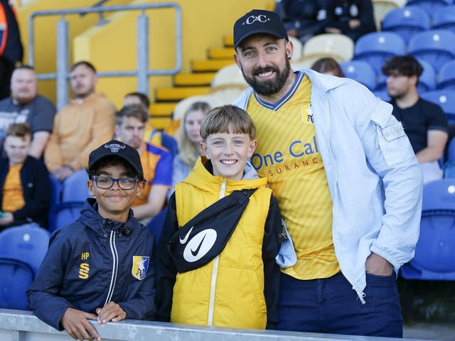 Mansfield Town fans ahead of the win over Grimsby Town on 8th Aug 2023.
