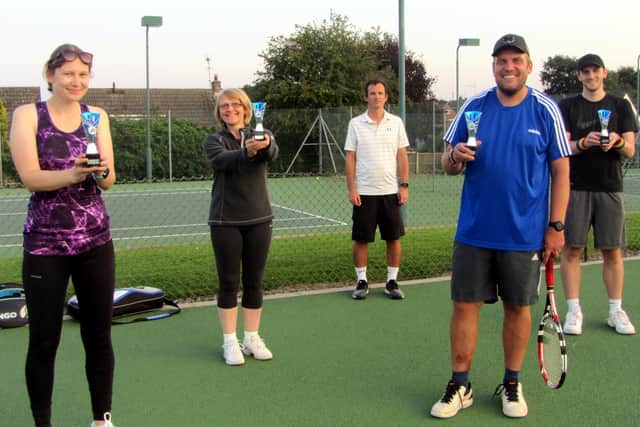 Players who took part in the club's Summer League are pictured, from left,  Ashleigh Blount, Andrea Simmons, MLTC head coach Gareth Griffiths, who organised the competition and presented the prizes, Simon Mason and Jonathan Allwood .