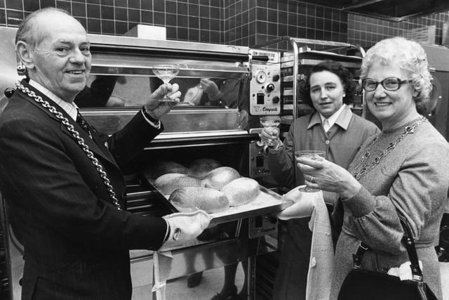 Toasting the first batch of bread in champagne at the opening of the new bakery department in Binn's store, South Shields in 1978.