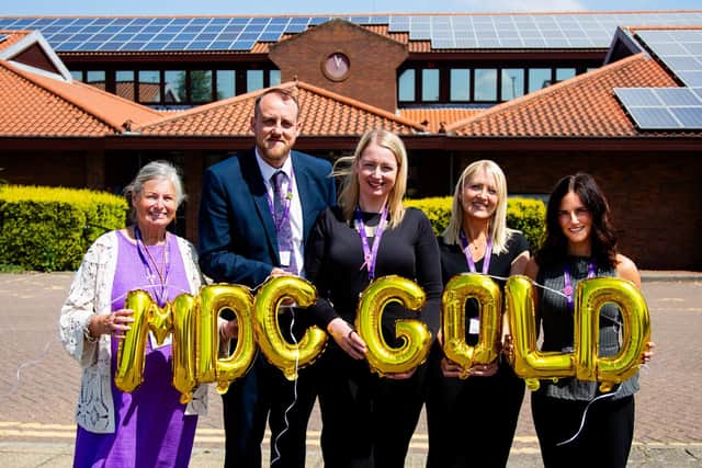 Marking Mansfield Council's DAHA gold award are, from left Coun Anne Callaghan, James Biddlestone (council chief executive), Mallory Seddon (housing operations safeguarding manager Jill Finnesey (assistant director of housing) Libby Alvey (engagement and development officer). Photo: Submitted