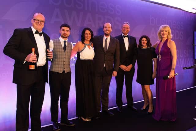 Caption – (left to right) Paul Yeomans – head of business engagement from the University of Nottingham (category sponsor), Liam Theakstone – leisure and spa wellness manager (Thoresby Hall), Lisa Gibson – hotel admin manager (Thoresby Hall), Phil Bracegirdle – head of hospitality (Thoresby Hall), Andrew Cropley – principal and chief executive of West Nottinghamshire College, Jo Wilson – hospitality programme area leader (West Nottinghamshire College) and ITV presenter Emma Jesson.