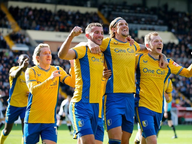 Stags celebrate Aden Flint scoring away in the derby at Notts County in October.