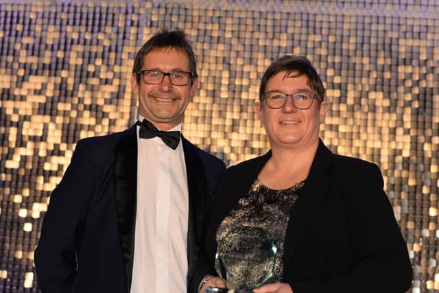 Lisa Lenton, SHE UK chief executive, receives her Chad excellence award from Andy Abrahams, Mansfield mayor.