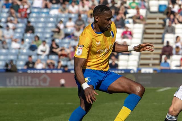 Mansfield Town player Lucas Akins. Photograph by Tony Johnson.  5th April 2025.