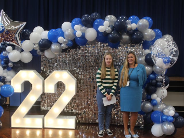 Kaycie Harrison who achieved five grade 9’s, one grade 8 and two Distinctions with headteacher, Katrina Kerry