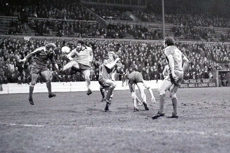 Defender Kevin Bird is pictured challenging for the ball against Exeter in 1979. He would go on to play 450 times for Mansfield over 11 very memorable seasons.