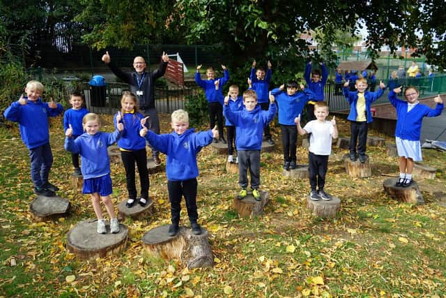 It's a thumbs-up for the Ofsted report from Bramley Vale Primary School headteacher Rob Rumsby and pupils.
