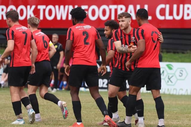 Shirebrook celebrate Chris O'Grady's goal.