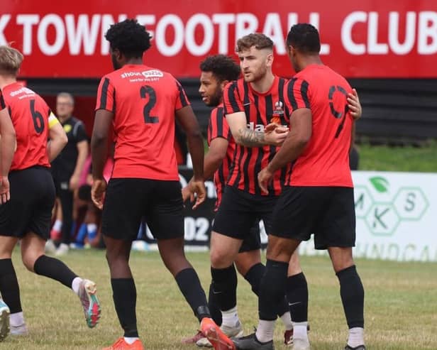 Shirebrook celebrate Chris O'Grady's goal.