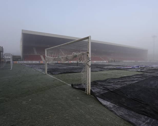 Sixfield shrouded in fog prior to the game being called of due to a frozen pitch.