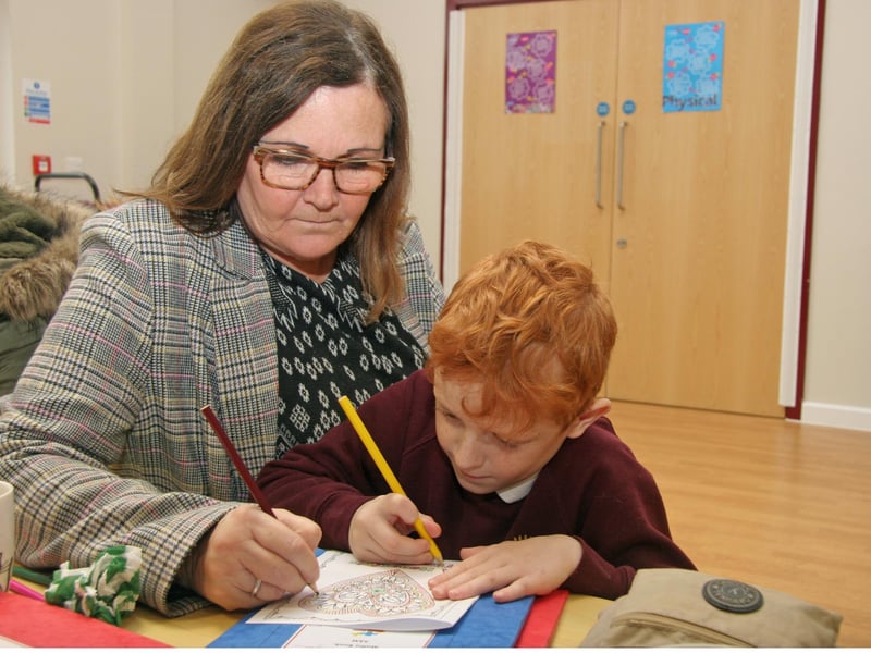 Diane Thorpe and grandson Dougie O'hagan work together at the Grandparents brunch at King Edward Primary school.