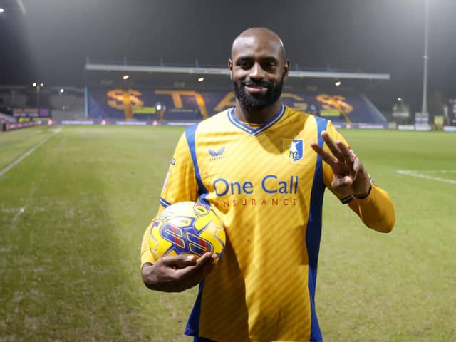 Hiram Boateng with the matchball after his hat-trick during the Sky Bet League 2 match against Harrogate Town AFC at the One Call Stadium, 13 February 2024  
Photo credit : Chris & Jeanette  Holloway / The Bigger Picture.media