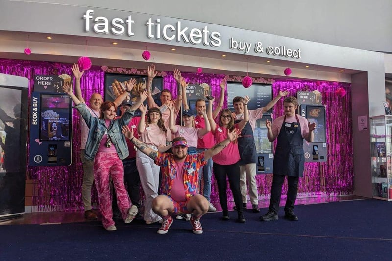 Cinema manager Nathan shared this epic photo of Mansfield Odeon cinema staff all in pink for Barbie's opening day.