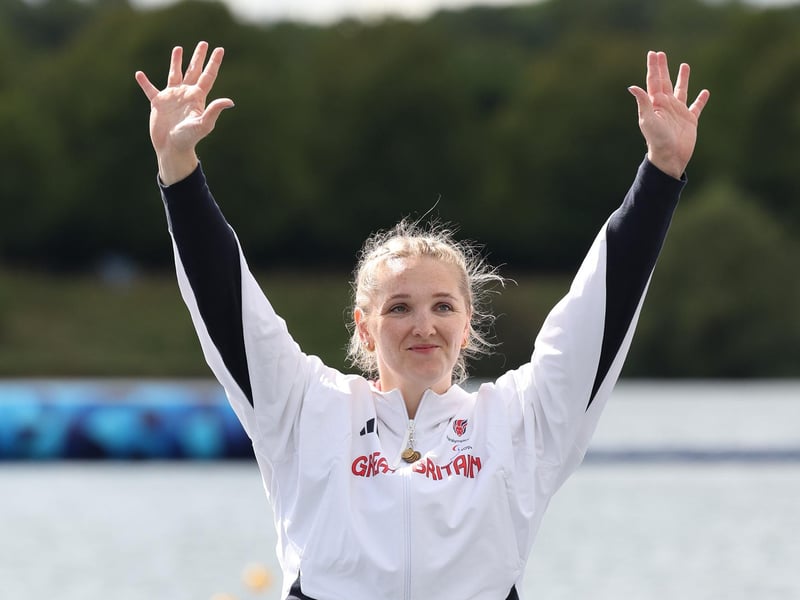 Charlotte Henshaw celebrates during the medal ceremony for the Women's Kayak Single 200m KL2 final.