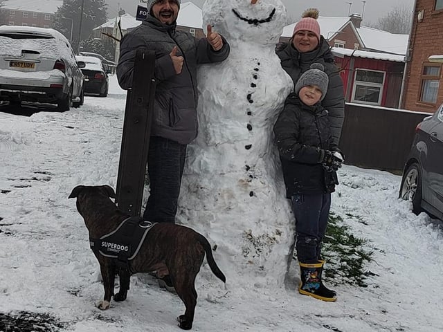 Thomas shared a photo of his family's 'Snow beast' standing at 2 metres tall. Photo taken in Mansfield Woodhouse.