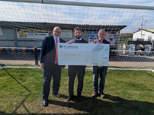 Steve Yemm MP, Robbie Steel, Planning Manager for Nottingham and Clipstone FC Chairman Richard Clarey