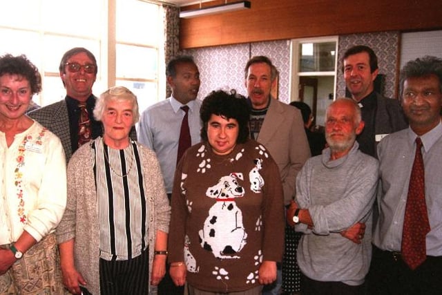 Loversall Hospital staff at a 25th anniversary party, 1996.