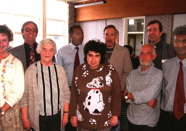 Loversall Hospital staff at a 25th anniversary party, 1996.