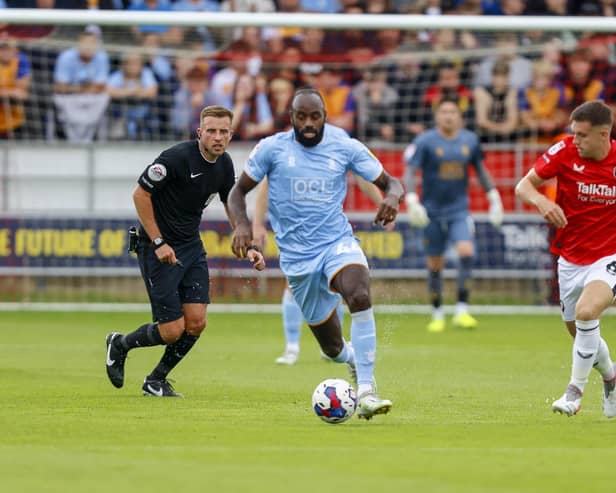 Mansfield's Hiram Boateng in possession during the clash at Salford. Photo - Chris Holloway/The Bigger Picture.media