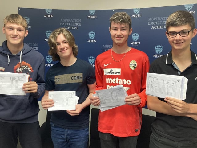The Year 11 students, Jacob Playford, Ethan White, Ashley Lee-Stevens and Matthew Gascoigne from Meden School with their GCSE results. 2022.