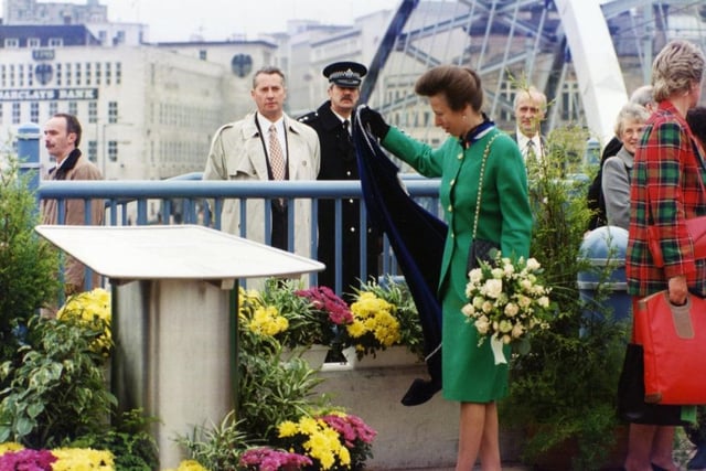 Princess Ann unveiling a plaque at Delta Junction in 1995.