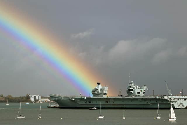 John Austin from Gosport took this beautiful Trafalgar Day rainbow falling on HMS Queen Elizabeth.