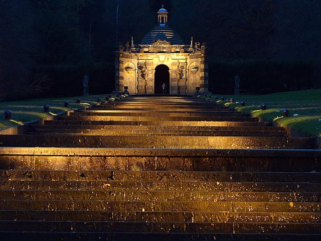 The iconic cascade is lit up for the installation.