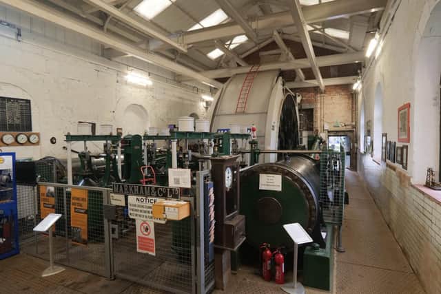 The inside of the Winding House at Pleasley Pit.  The powerful engines located inside brought men, material and coal up from the mine in two cages suspended from very strong steel ropes.