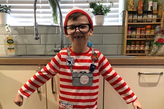 Albie Davies, age 6, dressed as Wally from Where’s Wally?