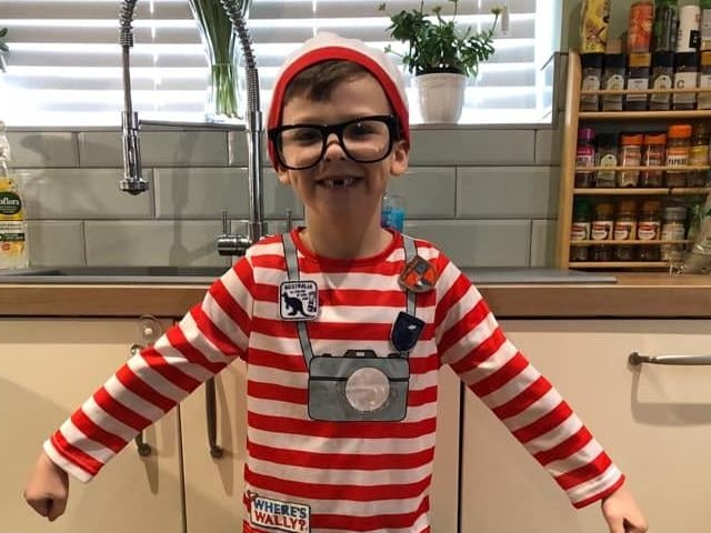 Albie Davies, age 6, dressed as Wally from Where’s Wally?