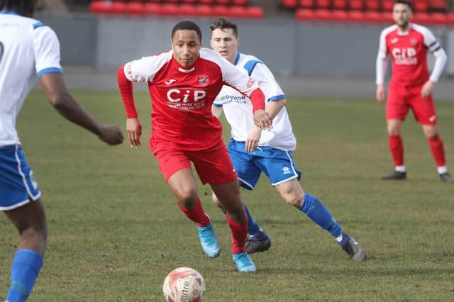 Jon D'Laryea in action for AFC Mansfield against Bridlington Town in March. Photo by Jason Chadwick.