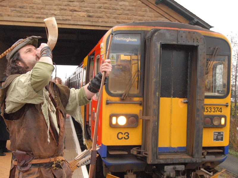 Robin Hood signalling the departure of the first Sunday train to leave on the new Robin Hood Line service.