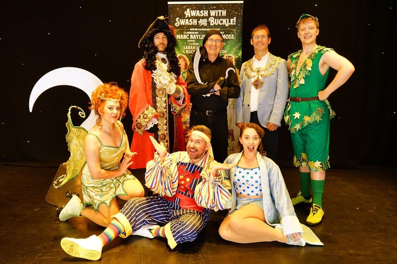 Mansfield Mayor Andy Abrahams and Cllr Stuart Richardson seen with the cast of The further Adventures of Peter Pan The Return of Captain Hook.