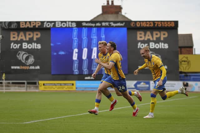 Stags celebrate during the Sky Bet League One match against Leyton Orient FC at the One Call Stadium, 23 Aug 2025, Photo credit Chris & Jeanette Holloway / The Bigger Picture.media