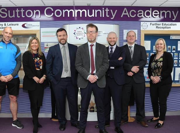 The new leadership team that is having a big impact at Sutton Community Academy, from left, Steve Lee (assistant principal), Stacey Anderson-Gilling (safeguarding lead), Richard Fegan (vice-principal), Patrick Butterell (principal), and George Coles, Lewis Taylor and Michelle Harwood (all assistant principals).