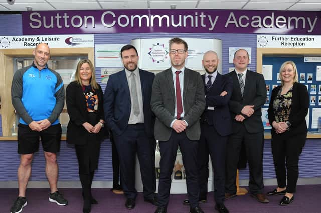 The new leadership team that is having a big impact at Sutton Community Academy, from left, Steve Lee (assistant principal), Stacey Anderson-Gilling (safeguarding lead), Richard Fegan (vice-principal), Patrick Butterell (principal), and George Coles, Lewis Taylor and Michelle Harwood (all assistant principals).