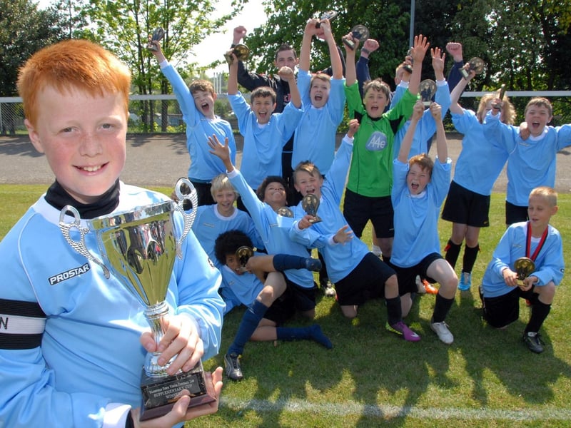This Mansfield Youth Football League, Chad Supplementary Cup Final in 2011 saw Glapwell Gladiators V Rainworth Rangers in the Under 12 Div 2. Pictured is captain Trey Foster aged 12 with the Rainworth Rangers team celebrating after winning 2-1.