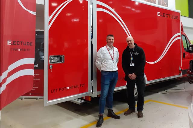 Electude's Daniel Perry with engineering teacher Andy Gray