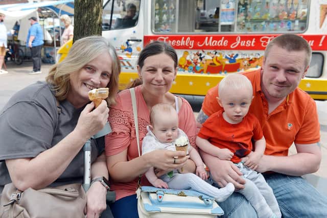 Pictured enjoying an ice cream in Mansfield town centre are Elaine, Ann, Katie, Peter and Matt Totty.