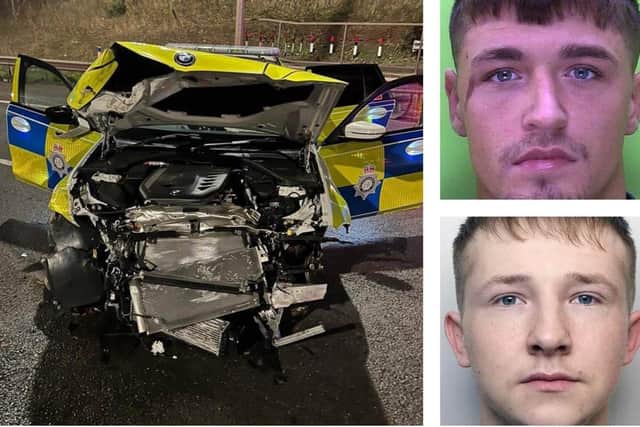 Robert Wingate, top, and Deimantas Palaima were both jailed after destroying a police car by ramming it into crash barriers at speed