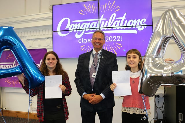 Principal Andrew Cropley (centre) joined Millie Jenvey (left) and Rebecca Heath (right) to wish them well with their future studies.