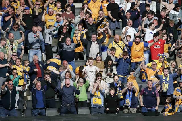 Jubilant Mansfield Town fans celebrate at Stadium MK on Saturday. Photo by Chris & Jeanette Holloway/The Bigger Picture.media