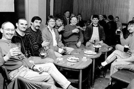 Mansfield Colliery, March 1988. Miners have a drink in the welfare after their last shift.